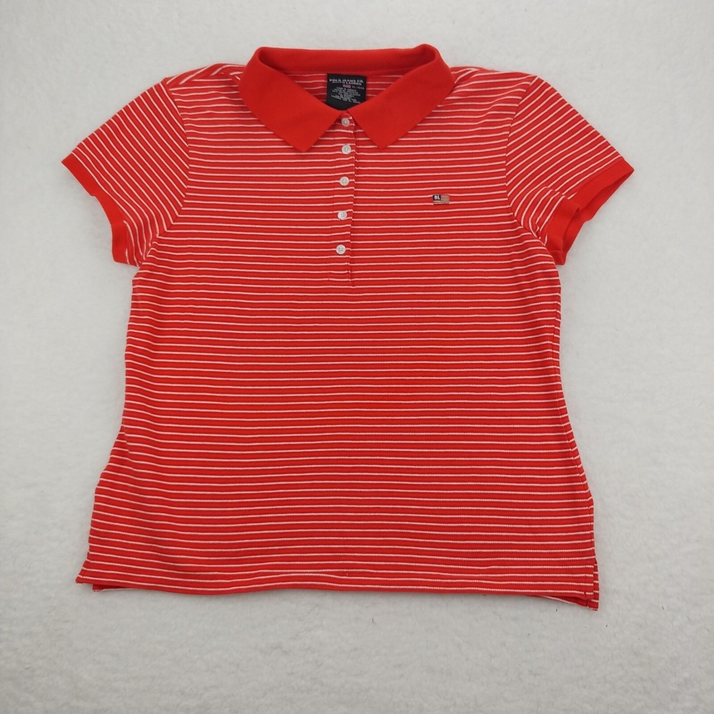 Ralph Lauren Polo Jeans Shirt Women XLarge Red Flag Logo Stretch Striped Golf